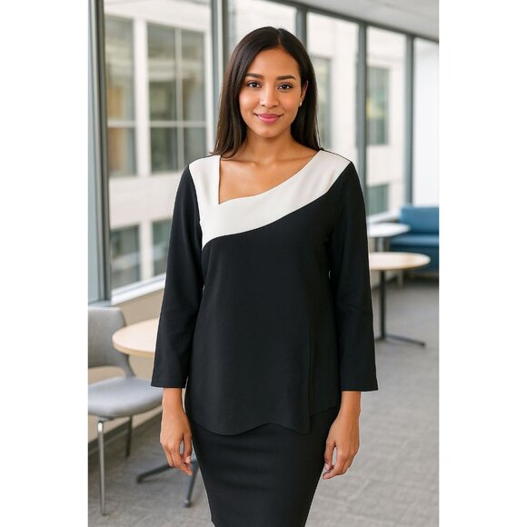 Boston Proper Colorblock Tunic Top M Black White Asymmetrical Neck Modern Chic - Picture 1 of 9